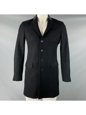 THE KOOPLES Size 44 Black Wool Blend Leather Trim Peak Lapel Coat